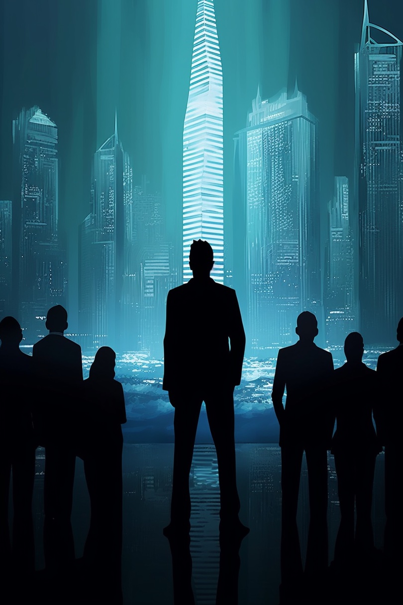 A group of businesspeople standing in front of a window, looking out at a futuristic skyline